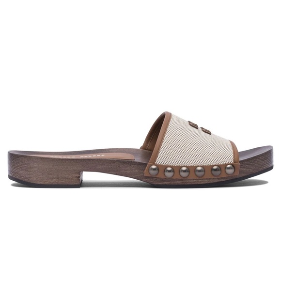 Miu Miu Logo Canvas & Leather Trim Clogs 30 MM Slides Sandals Italy 36 US 6 New - Picture 4 of 7